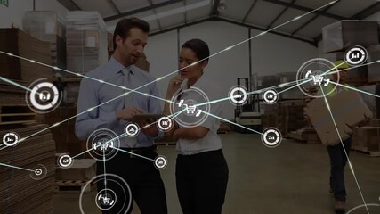 Discussing inventory, warehouse workers with network and logistics animation in background - Powered by Adobe