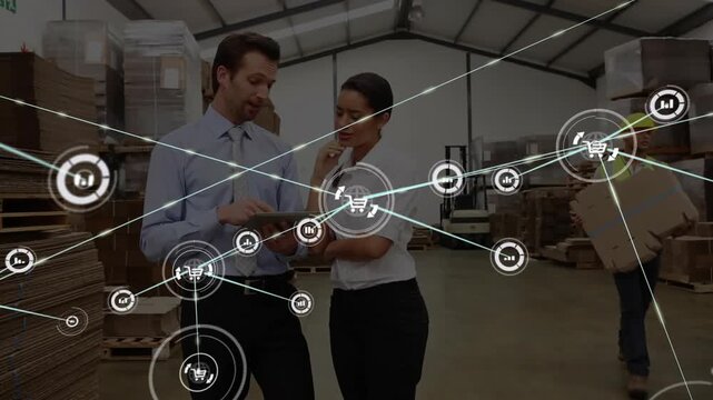 Discussing inventory, warehouse workers with network and logistics animation in background