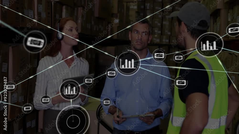 Aufkleber network of logistics and data processing animation over warehouse workers discussing