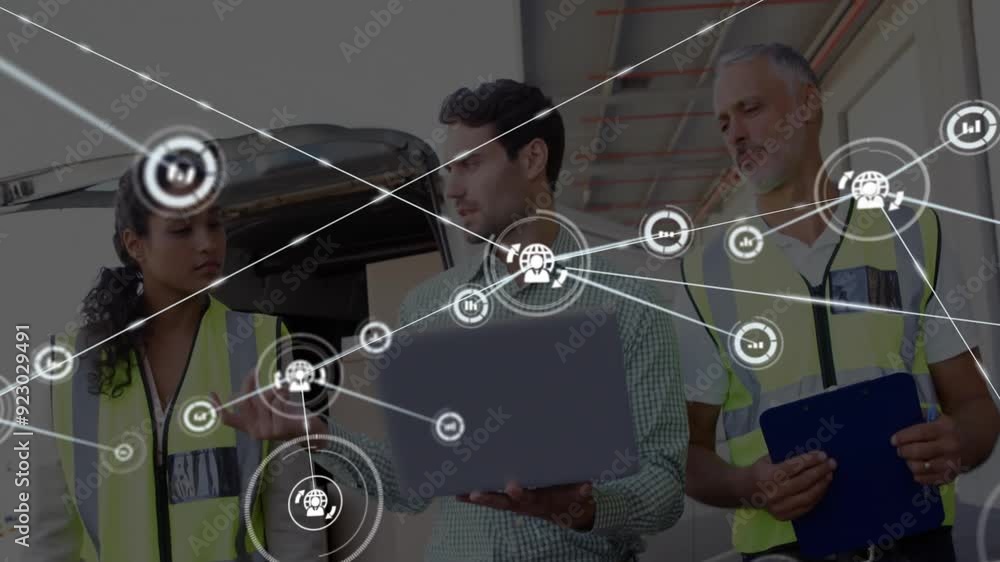 Aufkleber data processing animation over diverse workers using laptop, network of connections