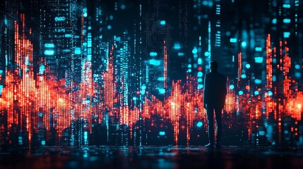 Fototapeta premium A person stands before digital waves of vibrant colors, symbolizing technology and data visualization in a futuristic setting.