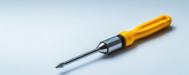A yellow screwdriver with a silver handle. The screwdriver is laying on a white surface. The screwdriver is a tool used for turning screws