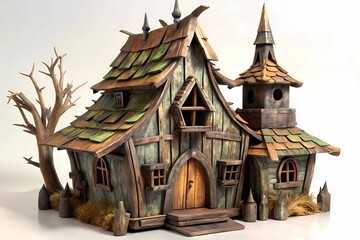 Fototapeta premium 3D Model of wooden house with a rustic design, The house has a weathered appearance, with a small glowing lantern in front of it. 