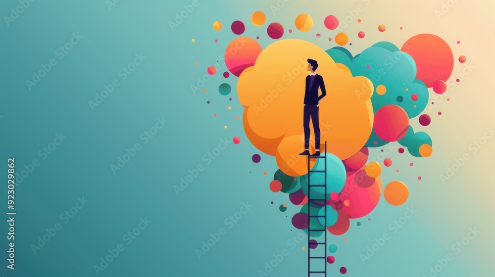 Poster problem-solving steps, ladder with key steps highlighted, flat design illustration