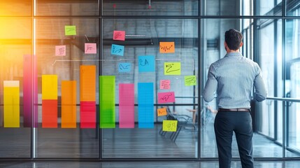 A professional analyzing colorful data charts on a glass wall, surrounded by sticky notes in a modern office setting.