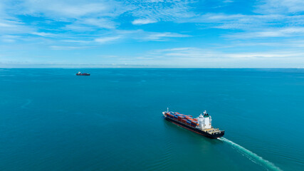 Aerial view of the freight shipping transport system cargo ship container. international transportation Export-import business, logistics, transportation industry concepts	