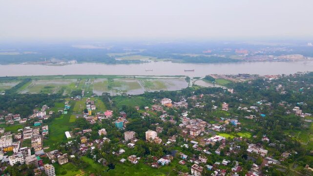 Panoramic View Over Barisal City With Kirtankhola River In Bangladesh - Drone Shot