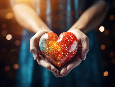 Hands cupping heart in love and relationship concept.