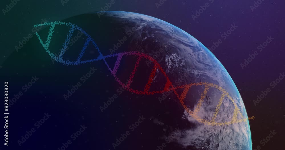 Wall mural Animating DNA strand over Earth from space, scientific visualization