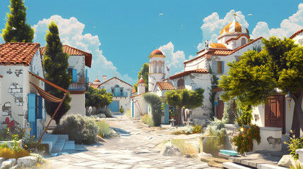 Obraz premium Charming Greek village on a sunny summer day, generative ai