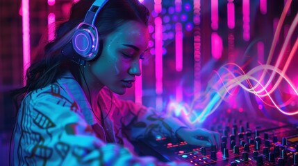 Obraz premium A DJ skillfully mixes tracks while colorful lights illuminate the energetic atmosphere