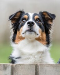 A curious dog peering over a wooden fence, showcasing its expressive face and unique coat pattern in a natural outdoor setting.