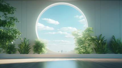 Small round office, modern and minimal interior decoration, white tone colors