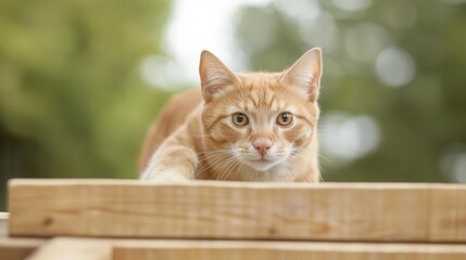 A curious orange cat poised on wooden planks, showcasing its playful nature in a vibrant outdoor setting.