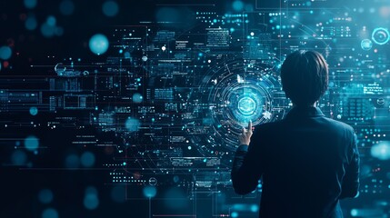 A professional interacting with futuristic digital technology in a dark environment, showcasing advanced data visualization.