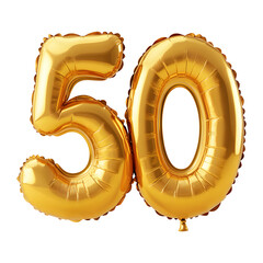 Golden Balloon Number 50 Hovering Over a Transparent Background