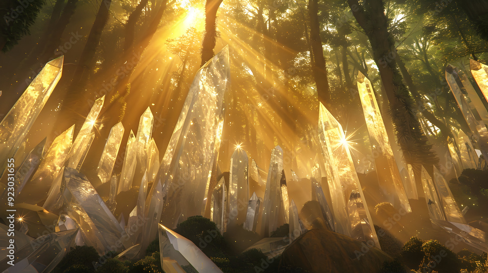 Poster crystal spire forest at dawn rays of light refracting through towering quartz structures