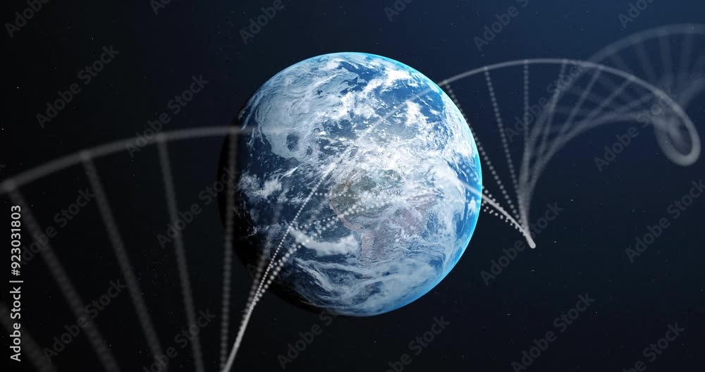 Poster rotating earth with dna strand animation over space background