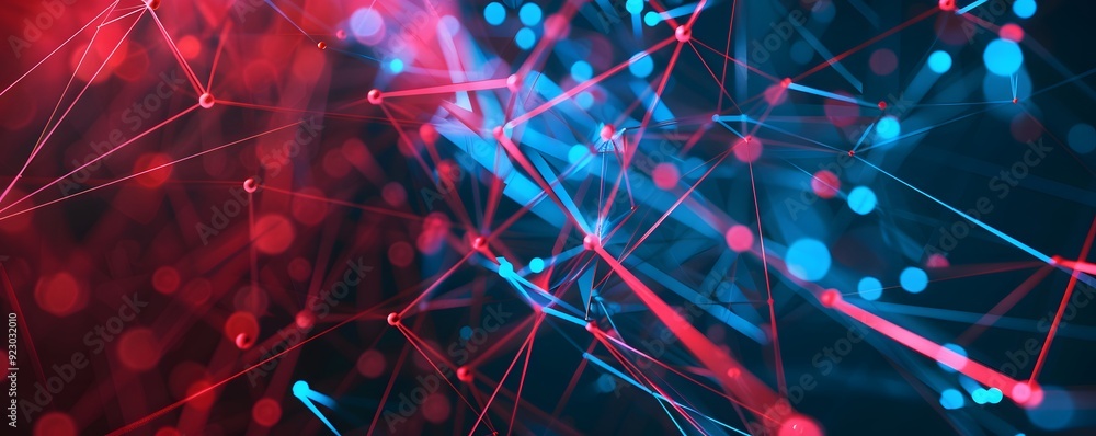 Poster abstract interconnected network of red and blue lines with spheres