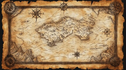 Vintage-style fantasy map featuring detailed terrain and mountains.