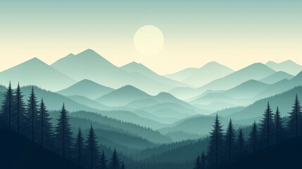Obraz premium Serene landscape of misty mountains at sunrise, with layers of pine-covered hills and a soft pastel sky.