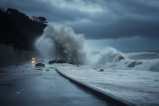 Fury of Nature: A violent storm surge crashing onto a coastal area in dramatic evening light