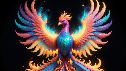 Obraz premium glowing phoenix rising from a kaleidoscope of neon rainbow smoke