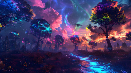 Fototapeta premium fantasy of neon forest on beautiful sky. Glowing colorful look like fairytale
