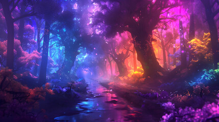 Fototapeta premium fantasy of neon forest on beautiful sky. Glowing colorful look like fairytale