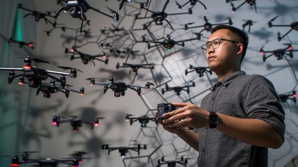A person operates a drone remote while surrounded by numerous active drones