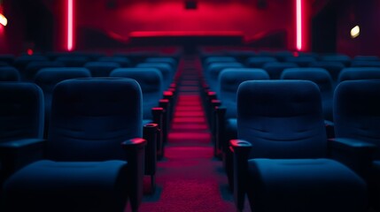 A deserted movie theater featuring rows of plush seats illuminated by striking red and blue neon lights.