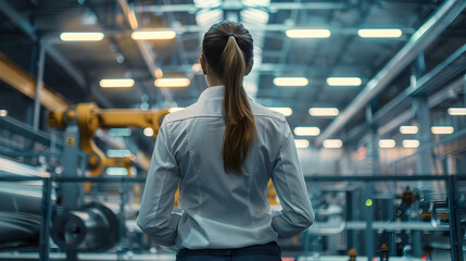 Fototapeta premium Female manager standing in modern industrial factory. Manufacturing facility with robotics and automation. Female leader, CEO in heavy industry, manufactury.
