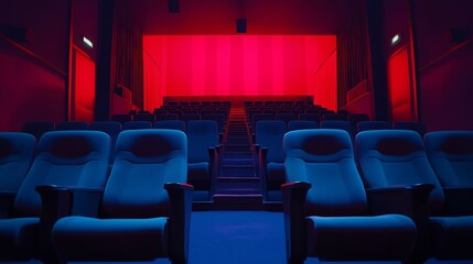 A deserted movie theater featuring rows of plush seats illuminated by striking red and blue neon lights.