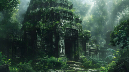 Obraz premium Forgotten temple overgrown with jungle relics of a bygone era peeking through the foliage