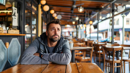Obraz premium Frustrated owner sitting at table in closed cafe, small business lockdown due to coronavirus.