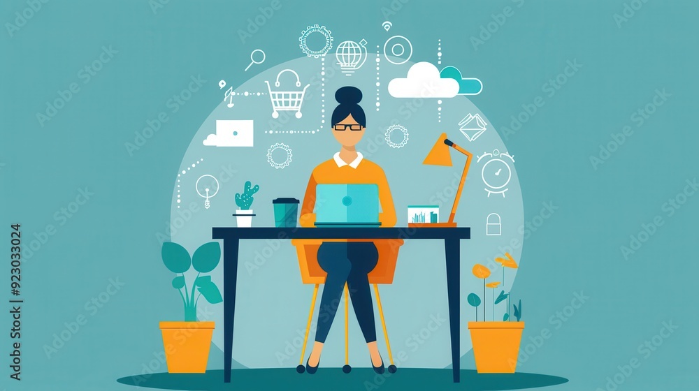 Poster remote worker using cloud-based productivity tools, efficient and connected.