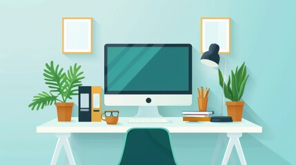 Fototapeta premium Remote work setup, dual monitors and organized desk, flat design illustration