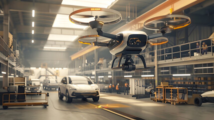 Obraz premium Futuristic scene of a drone delivering a package from a warehouse to a busy automotive repair center emphasizing advanced logistical solutions
