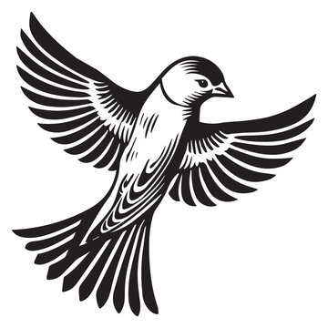 recommend clip art: American Goldfinch silhouette,  American Goldfinch in mid-swoop position Vector illustration in black and white