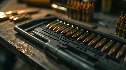 Close up of tools for gun maintenance and bullets