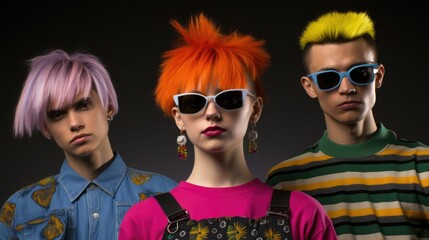 Obraz premium 1980s 1990s style. Punk fashion as a reaction to the hippie movement of past decades and against materialistic values of current decade. Retro, pop, hipster, neon, colorful, nineteenth.