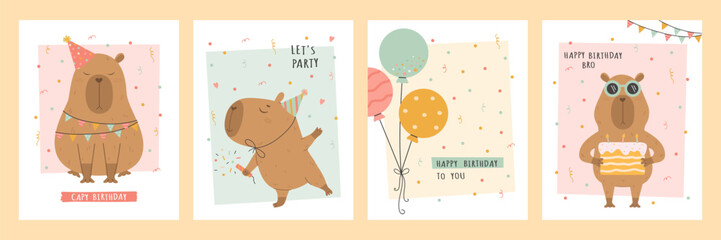 Birthday card set with capybara, cake and balloons