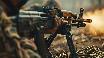 Close up soldiers firing a 50 cal machine gun with spent brass around it military training army war concept