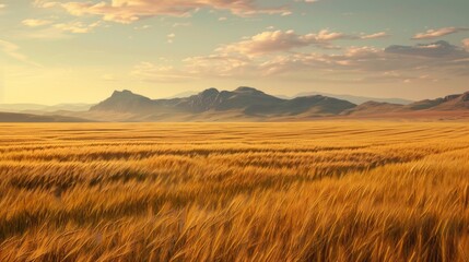 Obraz premium A vast golden wheat field with mountains in the distance, showcasing the grandeur and expanse of nature offerings.