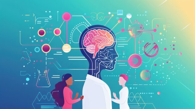 Scientific synergy, AI research integration, flat design illustration