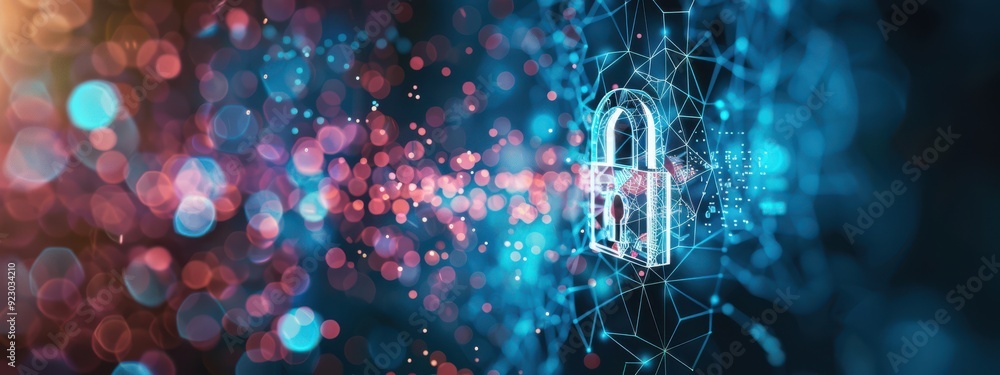 Poster secure data transfer, holographic encryption keys, futuristic technology, dark background