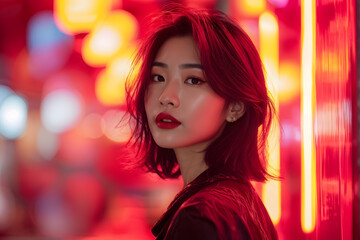 Naklejka premium A woman with red hair and red lipstick stands in front of a neon sign