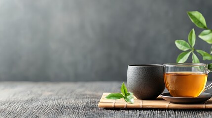 A serene tea setting featuring a cup and leaves, perfect for relaxation or wellness themes.