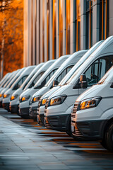 A row of white vans are parked in front of a building. The vans are parked in a row, with some of them being parked closer to the building and others further away