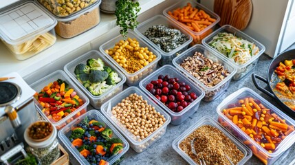 Fototapeta premium An array of food storage boxes filled with ingredients for a week's worth of meals, promoting a healthy lifestyle and meal planning efficiency. Bright kitchen.